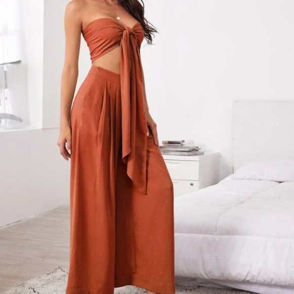 Boho 2 Piece Tie Front Tube Top & Pleated Wide Leg Pants Set burnt orange - Picture 2 of 12
